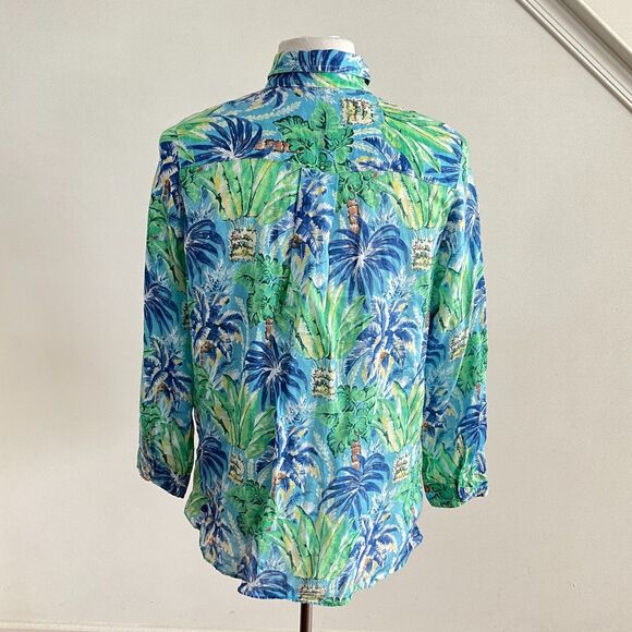 100 % Linen J McLaughlin Floral Palm Button Front Long Sleeve Shirt L - Picture 4 of 10